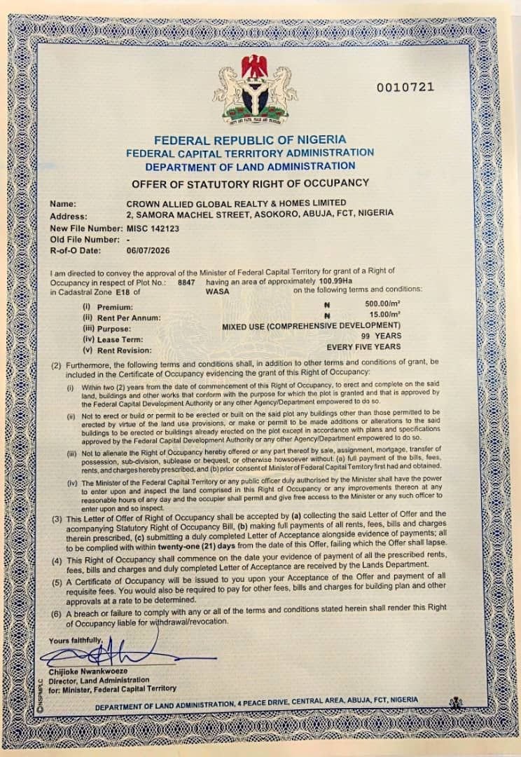 Offer of Statutory Right of Occupancy